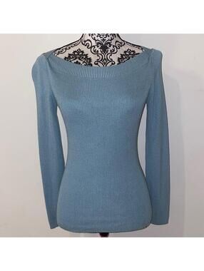 St. John Blue Ribbed Scoop Neck Wool Blend Sweater Size Petite Small